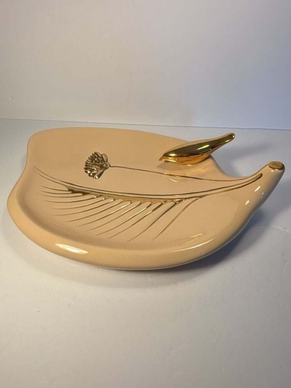 Vintage California Pottery Peach and Gold Leaf Trinket Dish Catchall